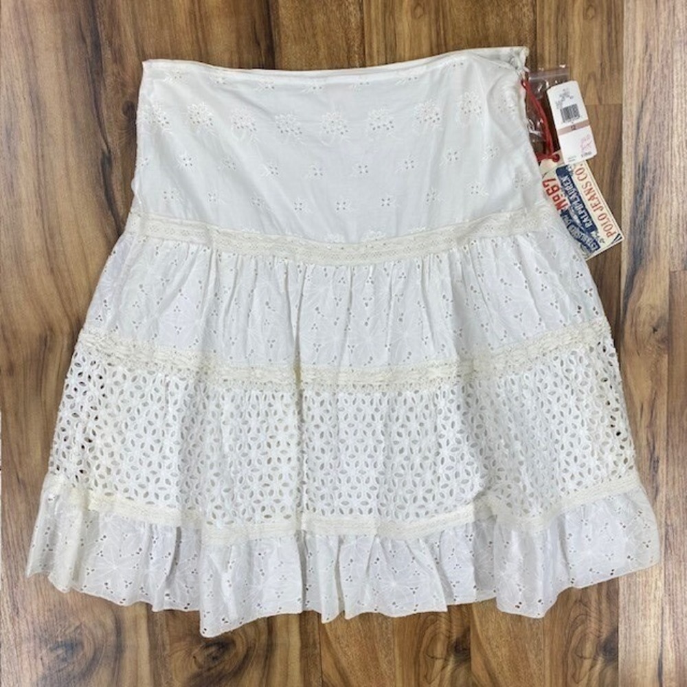 Polo Jeans Co Women's Eyelet‎ Skirt White Tiered Ruffle Midi Size 12 NEW